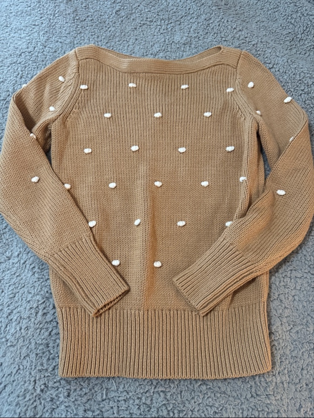 LOFT Camel Off-the-Shoulder Pom-Pom Sweater